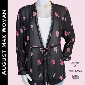 August Max Woman Blouse Size X Black Pink Floral Rose Sheer Open  Lace Feminine